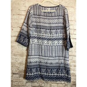 Garnet Hill Linen Shift Dress Womens 10 Midnight Blue Mixed Print Pockets